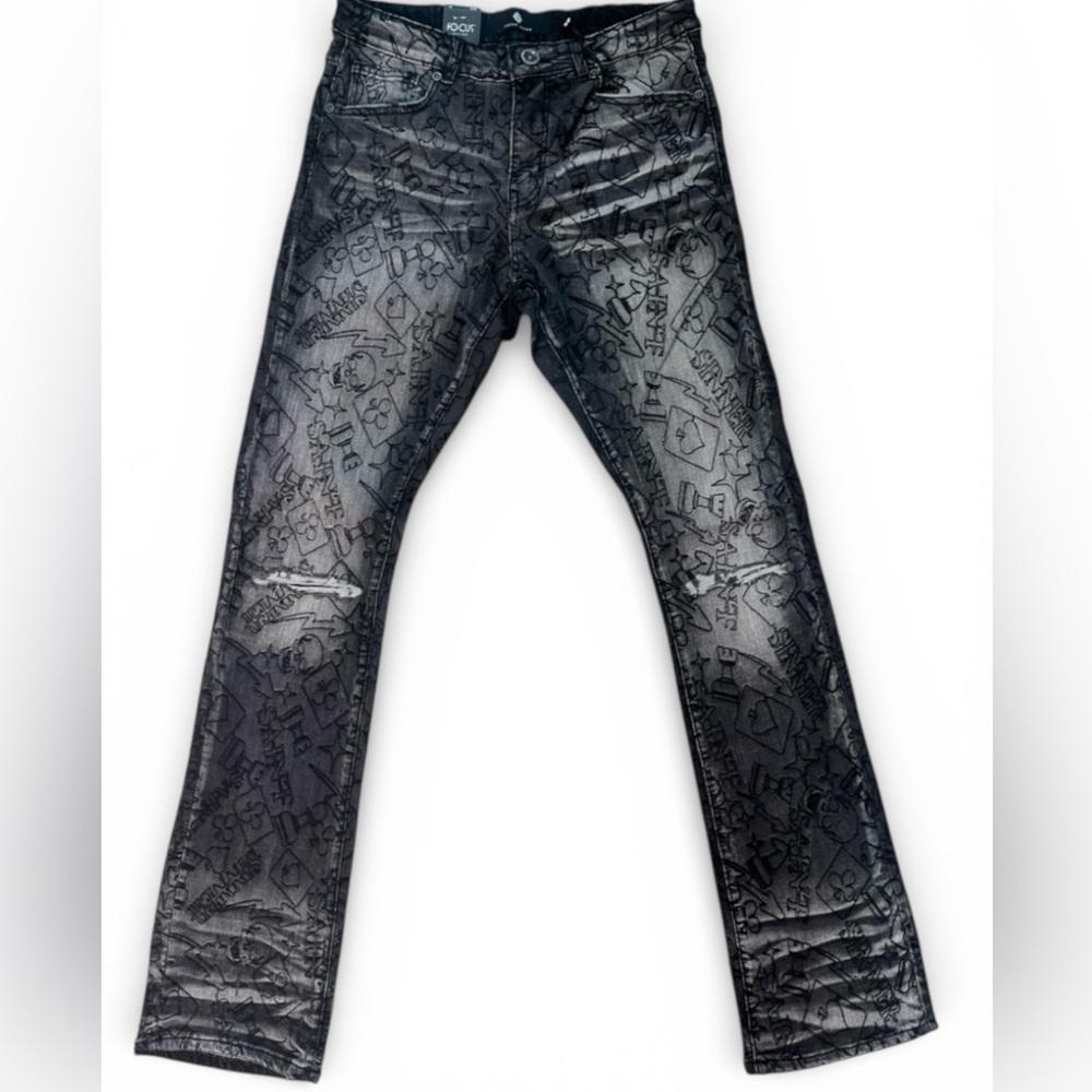 Sz various All over Graphic Black and Gray wash denim Jeans
